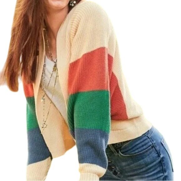 CAbi Trio Sophia Rainbow Stripe Cardigan Sweater Size S Dolman Sleeve Cream Cozy - Picture 1 of 7